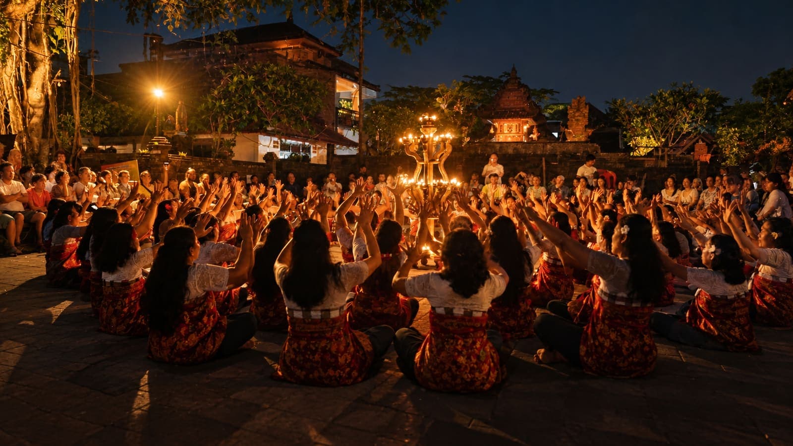 Kecak dancers gathered at dusk