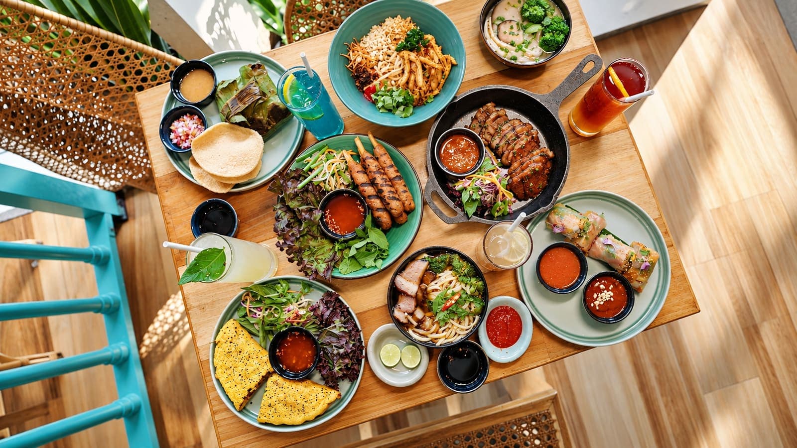 Colourful Indonesian feast shot from above