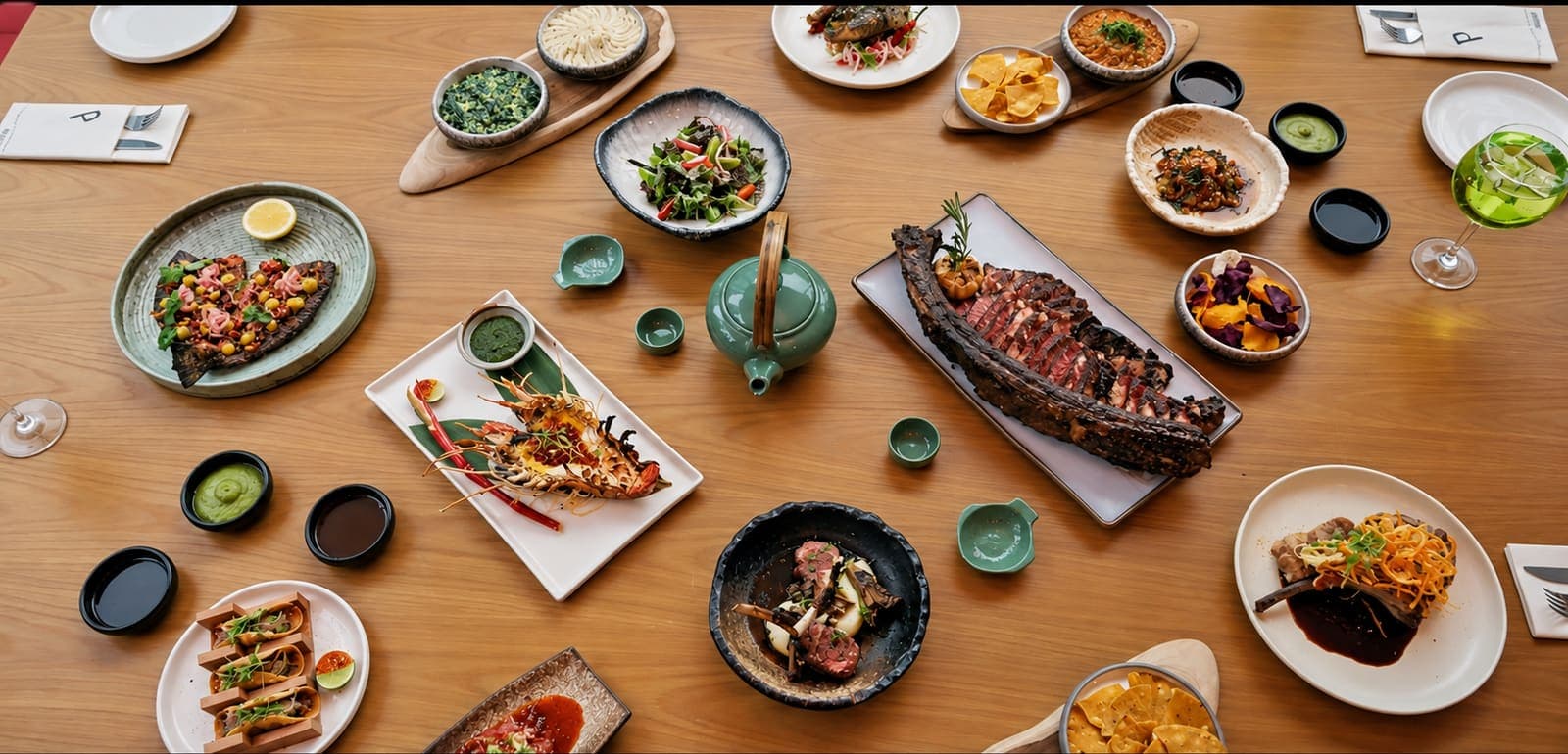 Overhead spread of shared plates on a wooden table