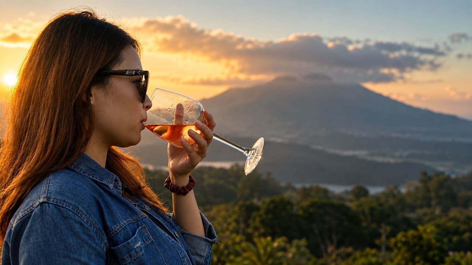 Guest enjoying a sunset drink overlooking Mount Agung