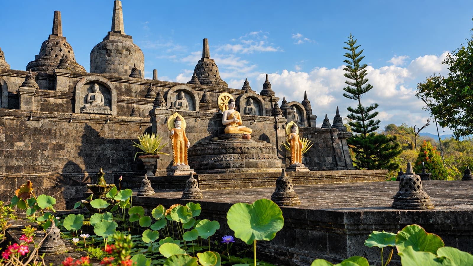 Ancient stone temple and lotus pond